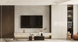 电视背景墙的艺术漆加护墙板，整体上符合现代简约的风格主题，软装搭配上以白色为主