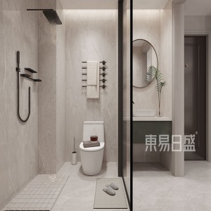 卫生间干湿两分离结构，采用暖灰色地砖，搭配黑色金属五金和深灰色浴室柜，增加空间层次感，同时又不会使得