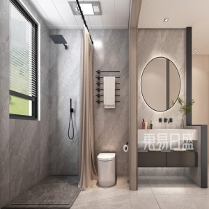 卫生间为干湿分离，干区浴室柜一面为矮墙，增加空间错觉感，淋浴间采用浴帘分离了马桶与淋浴区的空间。