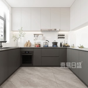 厨房地面与料理台台面的纹理遥相呼应，延伸了厨房空间的使用，提高了空间使用率的同时加强了各空间
