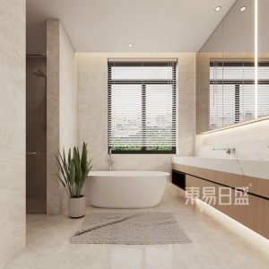 温润的大理石，原木色的浴室柜，以及窗下晶莹的白色浴缸，使卫生间简洁干净又充满舒适生活的质感。