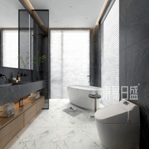 白色大理石地砖搭配灰色墙砖，洗手池台面与墙砖统一颜色，双盆设计方便两人同时使用