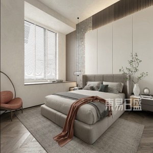主卧背景墙照应客厅的设计思路，也采用白色为主色调木色格栅板和灰色岩板作为点缀，丰富卧室空间的层次效果