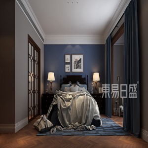 儿童房是典型的美式风格的卧室，空间的墙面摆脱了传统的白色，床头背景墙采用了高贵神秘的蓝色