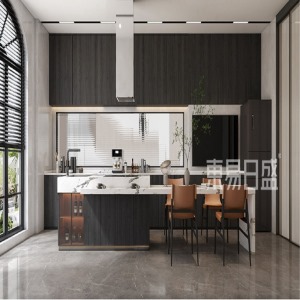 厨房的整体使用了深色木纹，白色石材台面和深色柜门的搭配使整体空间更加的明朗简洁。