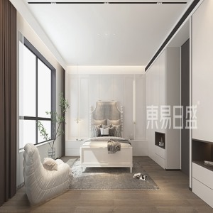 卧室米白的墙面加上线条带来的层次感，搭配木色地板，米色的床塌，通过对材质、细节的整合