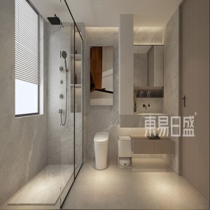 主卫利用玻璃隔断划分区域空间，也能增加卫生间的通透性，温和的灯光和高级的墙面交相呼映