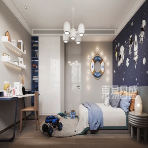 儿童房沉稳的蓝色为空间氛围增加了灵动与活力、床头背景墙的太空人图案激发孩童的想象力、打造出一个充满童