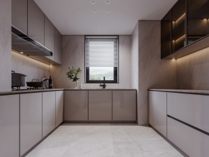 厨房整体色调一致，操作动线舒适、合理，外扩空间增加收纳和小家电操作区，同时让中厨区显的更开阔。