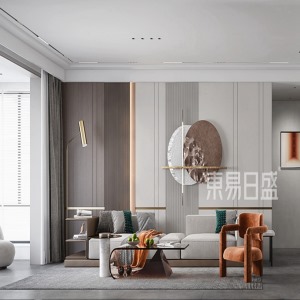客廳的沙發背景墻選用低飽和度的淺灰與淺咖色，格柵板與氛圍燈帶增加了墻面的造型設計。