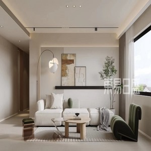 客厅弧形云朵羊羔毛沙发＋绿植的处理，全房无主灯的设计，以品质简约的造型点呈现保留最大客厅尺寸.