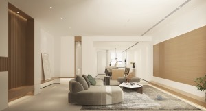客厅里的线条灯增加空间的层次，在简单的空间中设计出层次分明，简单干净的家居生活。