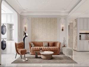整体的设计以现代法式为主，客厅追求古典法式的对称，稳重大方。