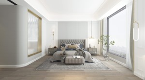 空间尺度来给主人随性舒适的休息空间，床尾的桌台更可以置物其中，连体床屏墙板，温柔的灯光。