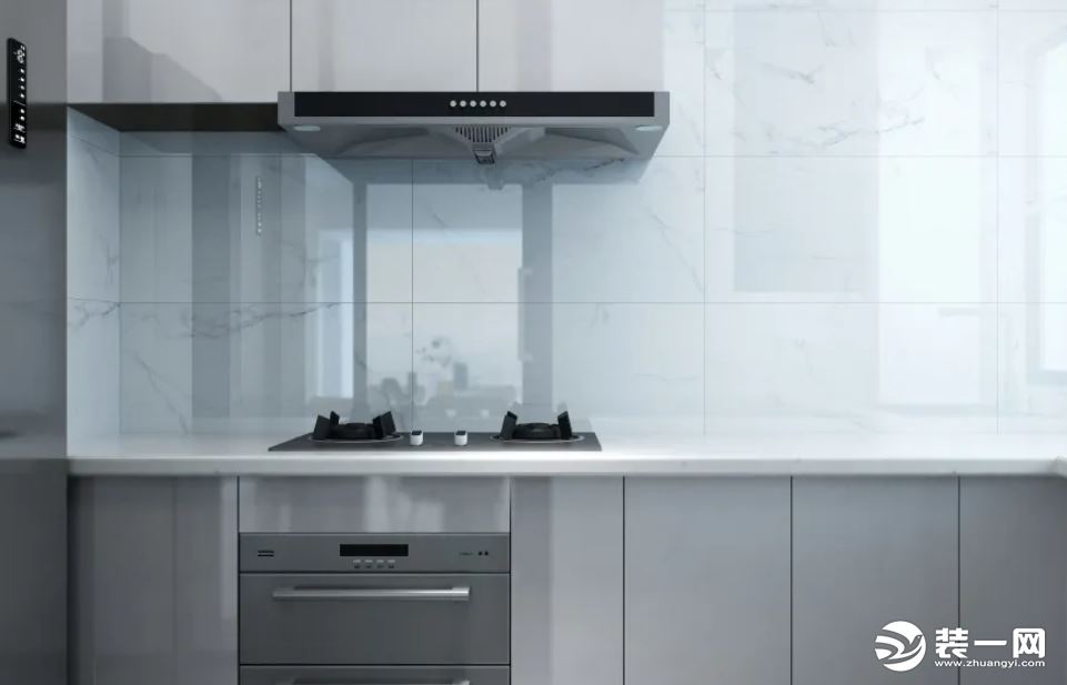 一字型厨房布局，一体式橱柜将所有电器嵌入柜体，保持了统一的现代风格。