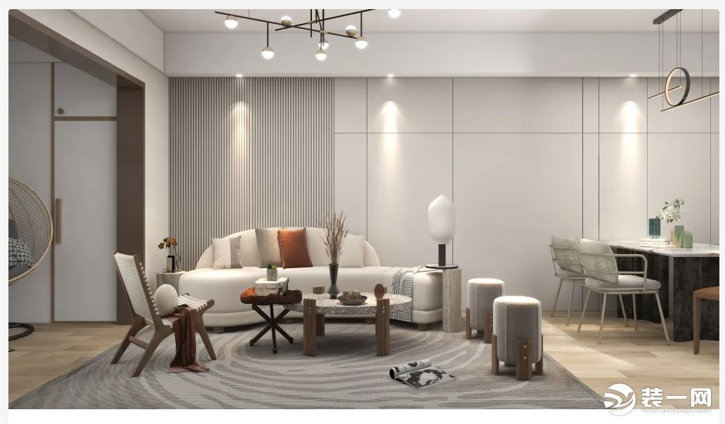 客厅以灰色的地面、墙面与软装搭配，以现代优雅的质感搭配，采取无主灯的极简设计，营造出一种独特舒适的高