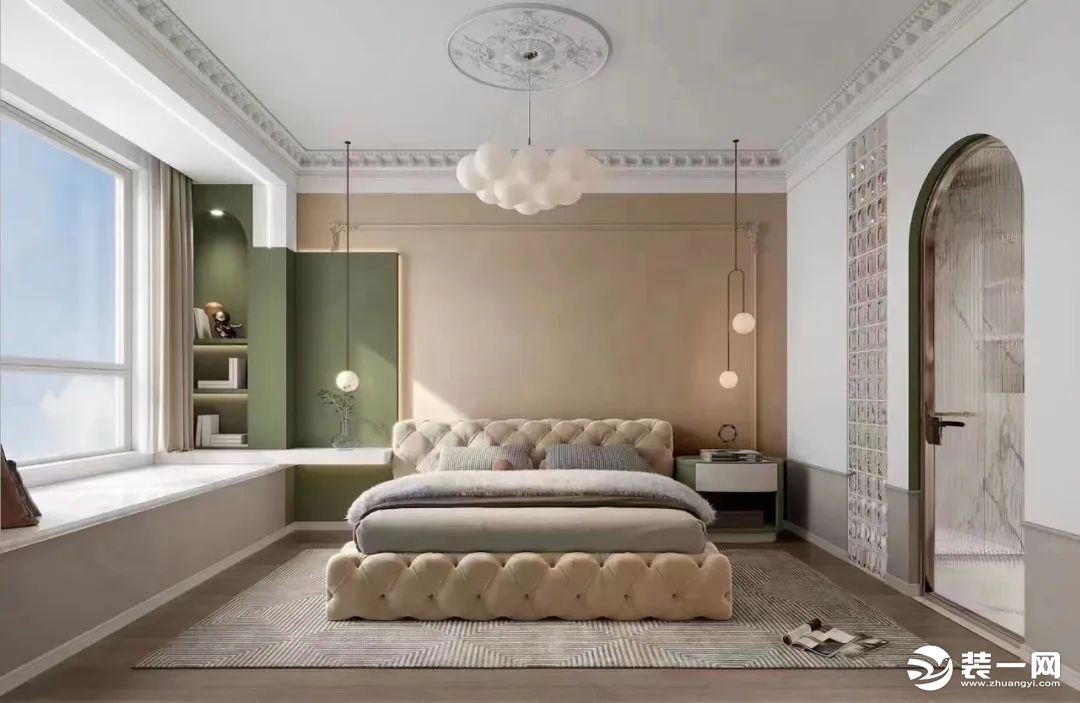 床头背景运用雕花、线条造型突出风格特点，搭配素净、轻柔中性色调的功能家居，从整体上营造悠然自得的轻松