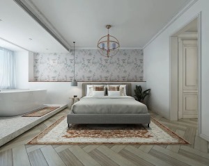 主卧背景墙用了法式田园碎花，让房间的氛围更加清新，浪漫；床头做了20公分矮墙代替了床头柜，可以放手机