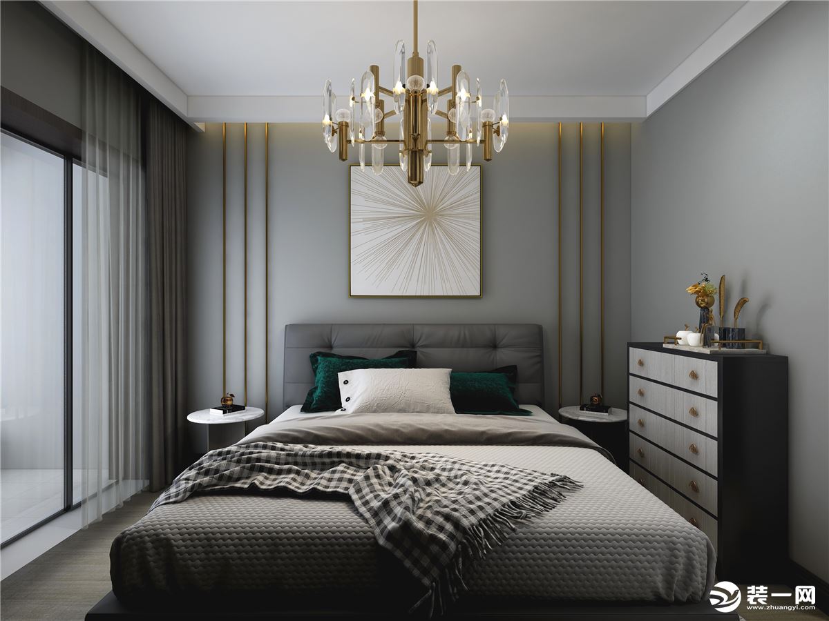 主卧整体的线条十分的优雅，淡黄色的墙面衬托出家具中式的简洁优雅，木质床头让人舒适，搭配颜色和设计营造