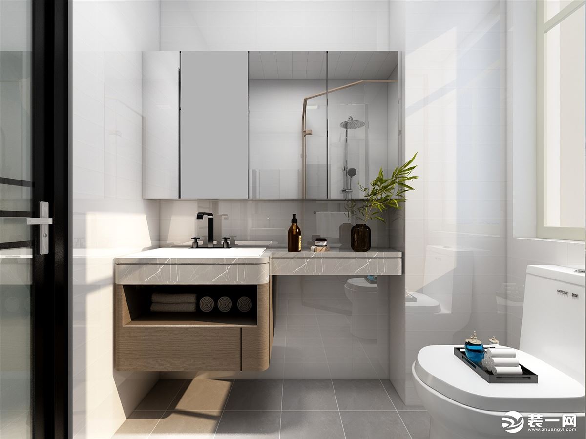 卫生间用了亮色的墙砖和地砖增加空间亮度，达到了明亮通畅、舒适的效果。