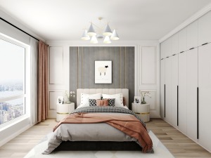 卧室顶面采用石膏线的设计取代了吊顶，让卧室空间看着更加开阔。