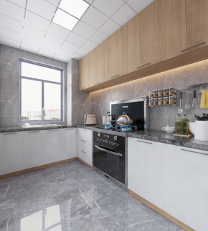 厨房设计色彩运用黑白灰色调设计，结合人在厨房操作流程洗切炒基本操作顺序，把握细节设计。