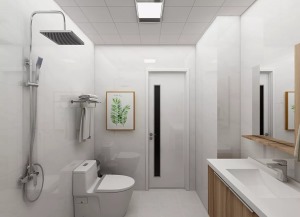 卫生间设计采用仿大理石瓷砖铺贴，上下墙砖分色处理，卫浴选用白色浴室柜，配合金色五金尽显精致感受。