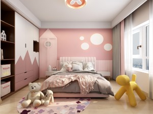女儿房以粉色为主白色点缀温馨柔和的兔子毛绒玩具搭配为空间增添了活泼与乐趣。