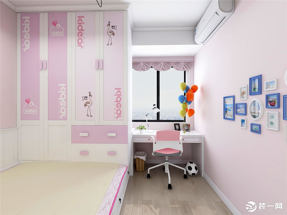 当简约与高级灰相遇，打造出另一种具有独特韵味的居室氛围，儿童房以粉色为主，墙面以照片点缀。