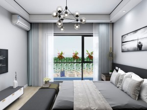在这套现代简约高级灰装修设计说明案例中，卧室的设计简约时尚。