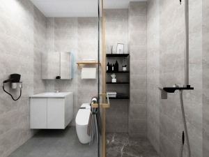 卫生间采用了干湿分离设计，灰色的墙地砖既时尚又很有格调，彰显出屋主对于生活品质的重视。