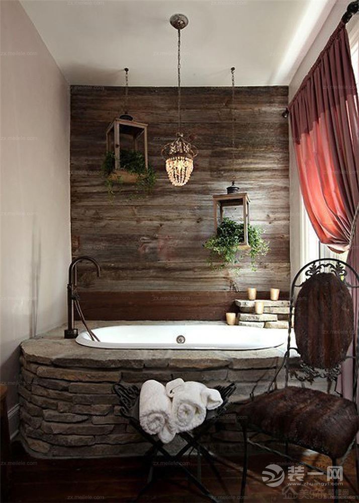 浴室效果图  这是一个令人惊讶的空间，采用原始自然的石材和木材元素打造浴室，自然意趣横生