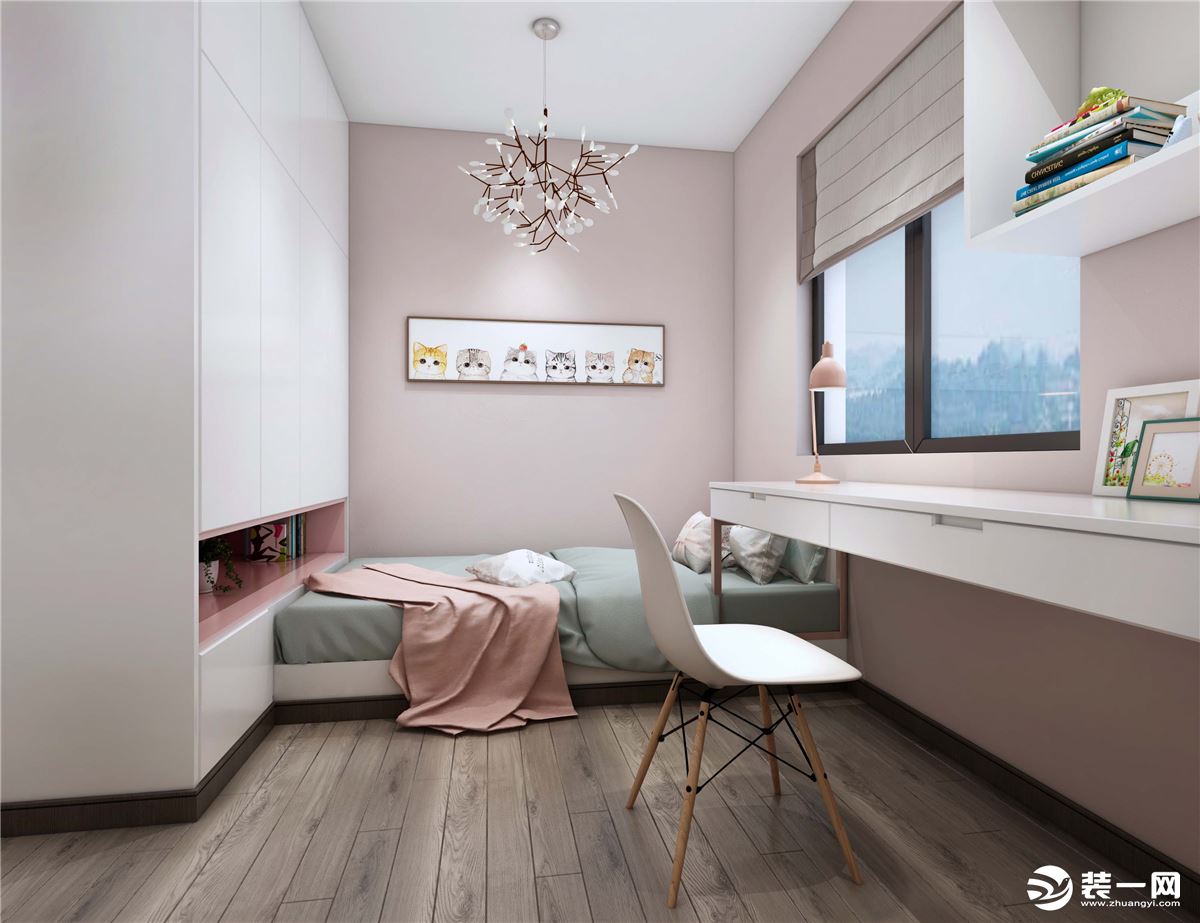 粉色系的次卧浪琴屿装饰 未来盛园125平方三室两厅北欧风格装修设计图