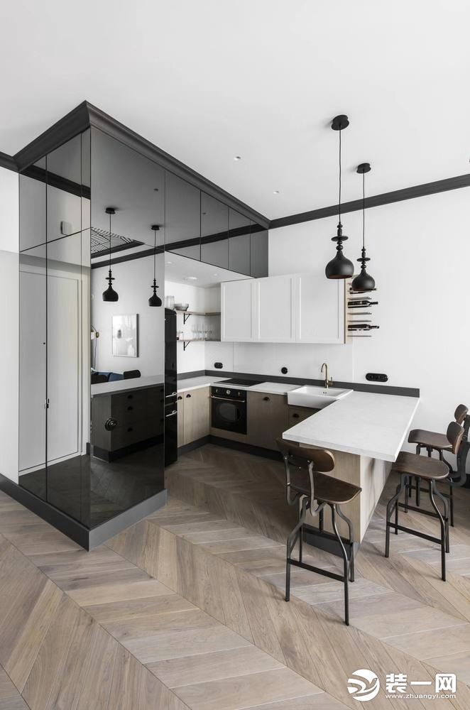 宁波浪琴屿装饰黑白色调北欧风140平三居室装修设计案例厨房餐厅