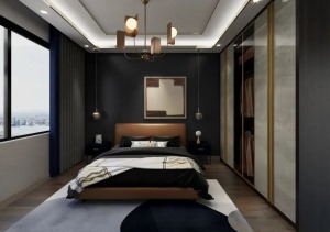 床头背景采用黑色漆，静谧的氛围与高级的质感