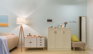 木质简约的落地灯的光线落在白色与木色套色斗柜上光晕散漫，搭配上简单的家具，高级感满满。