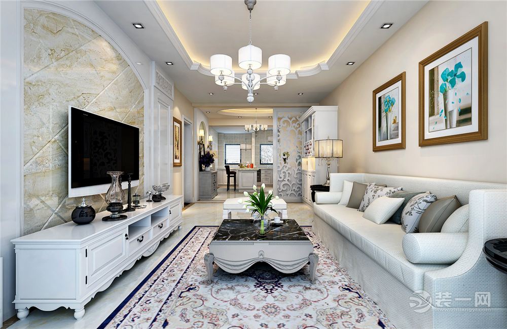 客厅；白色家具搭配米色大理石背景墙，高贵典雅。。入户玄关的设计不仅是空间的一个划分，也是入户的一道风