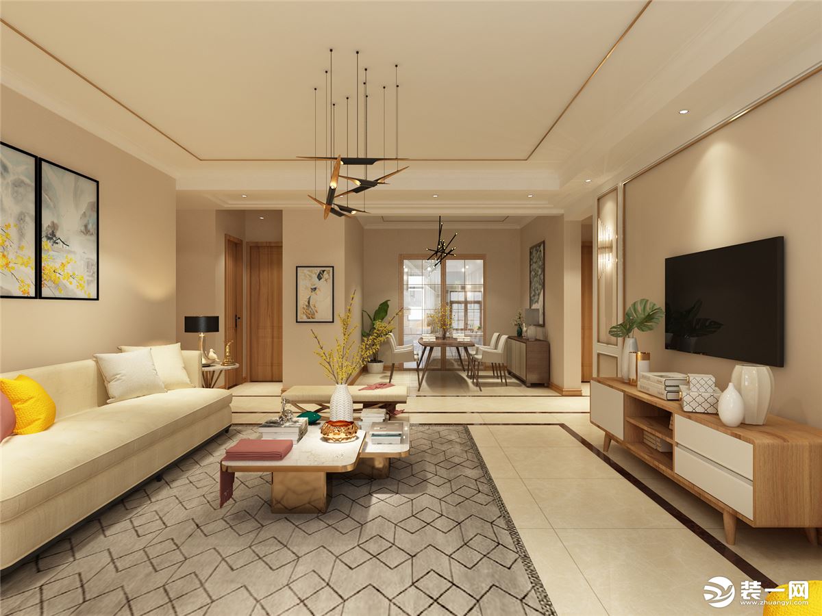 沙发墙搭配无框装饰画，家具窗帘等软装配饰，让整体更加舒适。