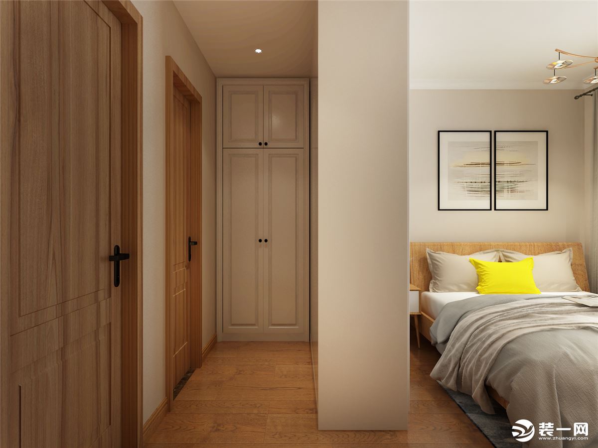 主卧室浅咖色乳胶漆床头墙，搭配原木色家具，浅色木地板。