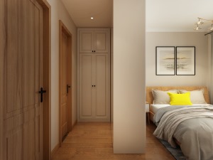 主卧室浅咖色乳胶漆床头墙，搭配原木色家具，浅色木地板。