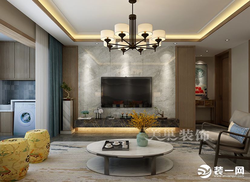 清华大溪地140平新中式风格三室两厅，迷人的魅力——电视背景墙全景