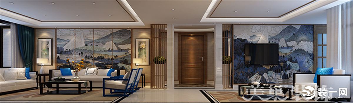 银基王朝220平新中式风格装修效果图——客厅与会客厅全景