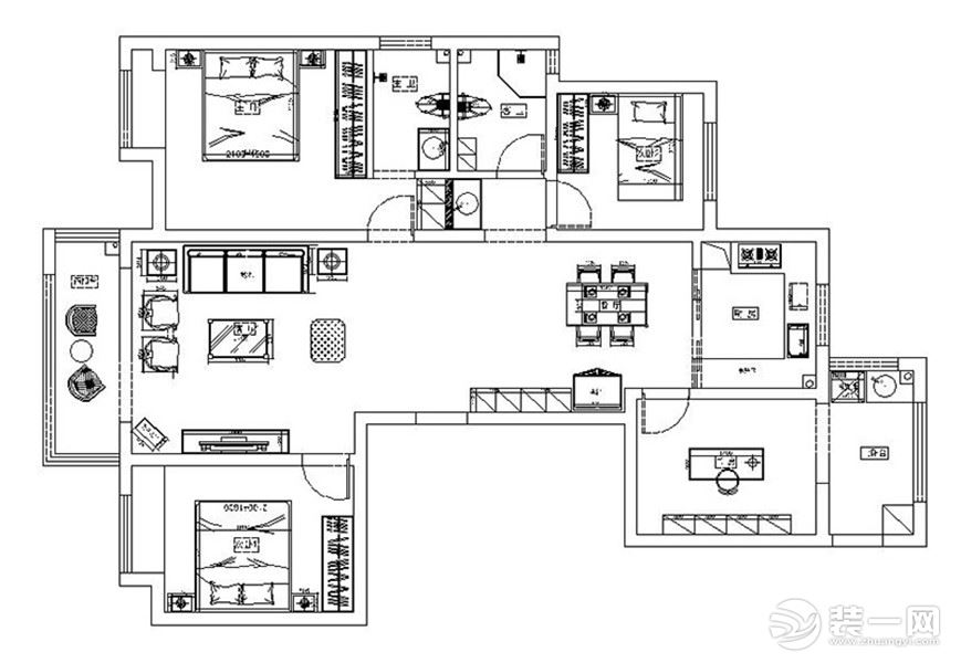 民安西上140平四室两厅户型装修案例——平面家具布局图