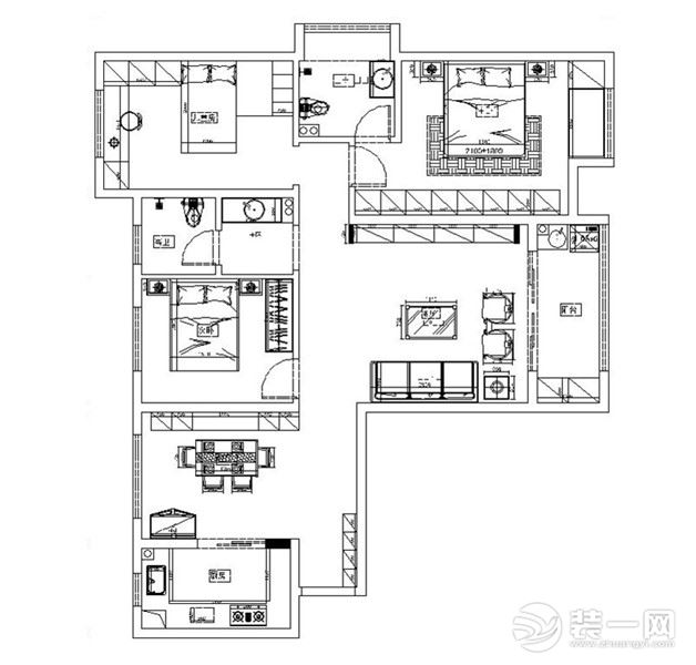 锦艺城三期6号楼130平三室两厅户型装修设计家具布局图