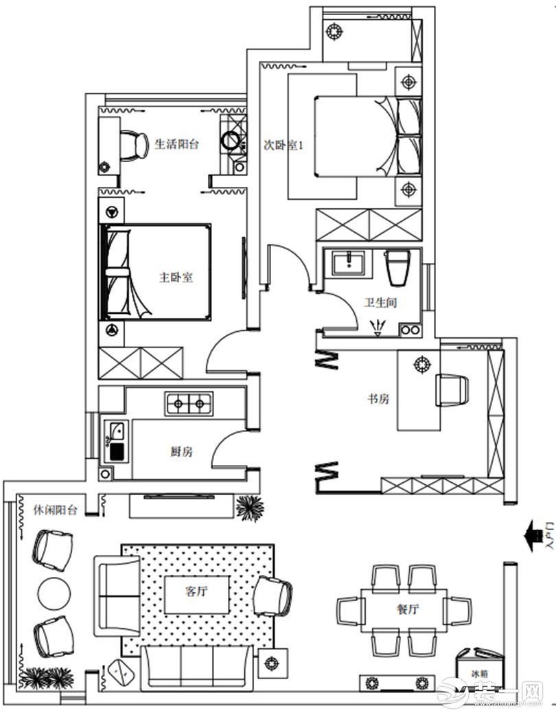 升龙天汇广场110平三室两厅现代简约 户型平面图