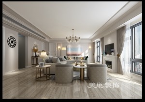 郑州明辉城市花园210平大平层美式轻奢，二手房翻新出的高端品质——客厅全景布局