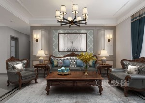 郑州鑫苑名家160平装修美式风格四居室户型——沙发背景墙设计