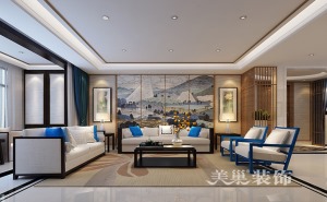 银基王朝220平新中式风格装修案例——沙发背景墙