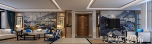 银基王朝220平新中式风格装修效果图——客厅与会客厅全景