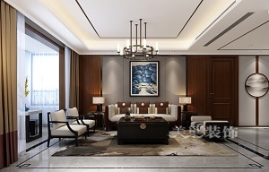 民安西上小区装修140平新中式风格四居室案例——客厅沙发背景墙